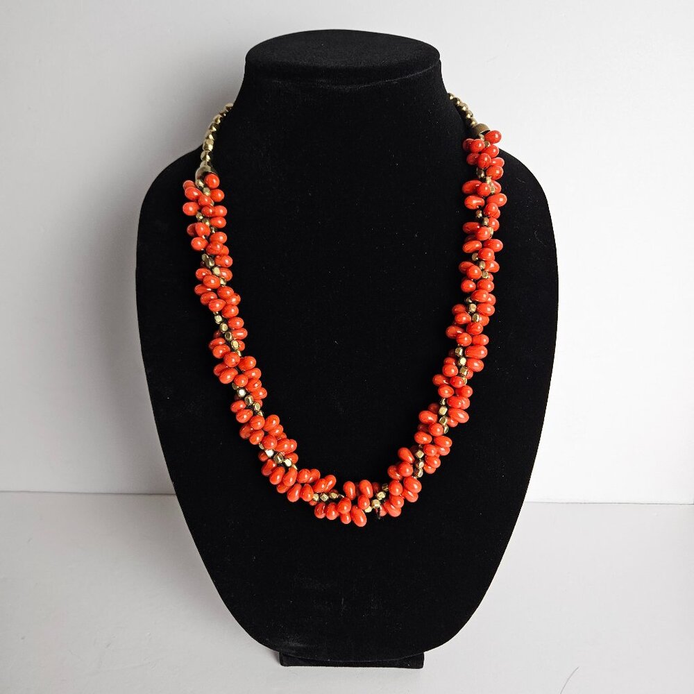 Vtg Red Necklaced Glass or Natural Stone Bead Cluster Necklace Mid-Century Retro